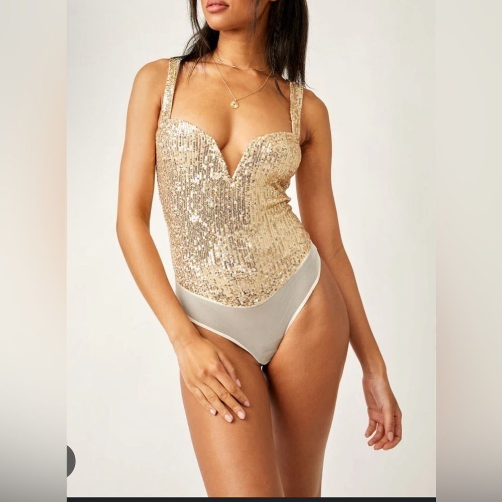 NWOT Free People, Sparks Fly Corset Bodysuit, Small in Gold